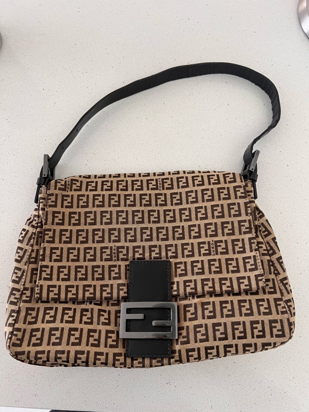 SOLD. Fendi Beige and Brown Zucca Shoulder Bag with Black Strap